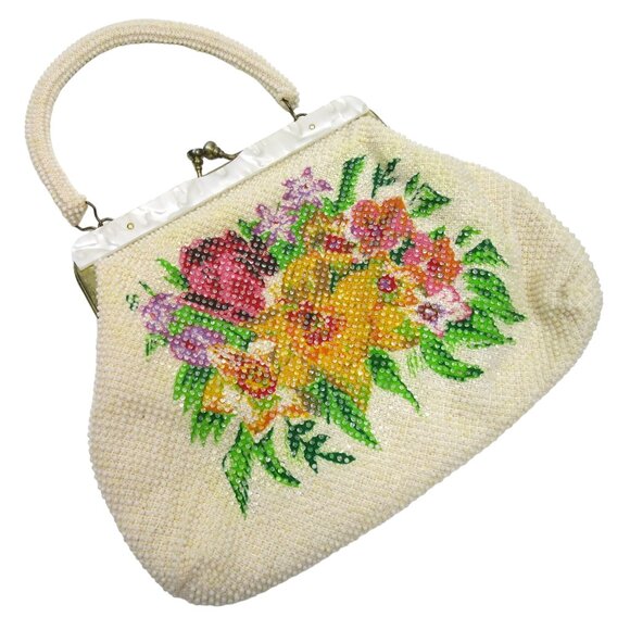 Vtg 1960s Mid Century Floral Beaded & Lucite Trim Handbag - Picture 2 of 6